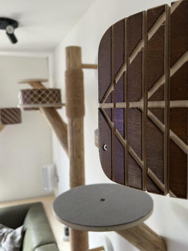 Katten klimwand met houten mandjes.